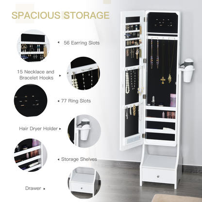 Freestanding jewelry storage mirror armoire with LED lights, hooks, and drawers, showcasing organized accessories and a sleek design.