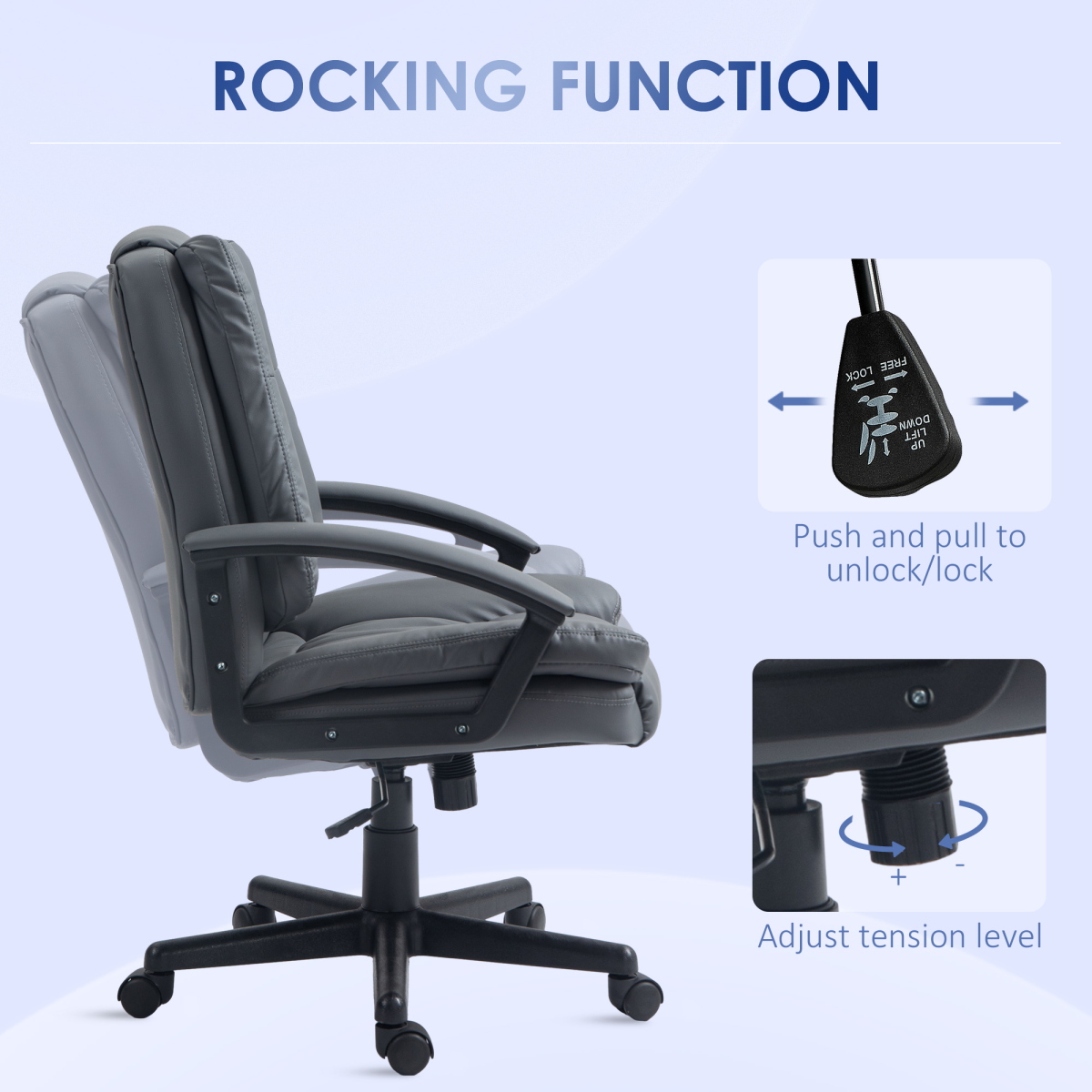 Dark grey HOMCOM faux leather home office chair with mid back, armrests, and ergonomic design for desk work.