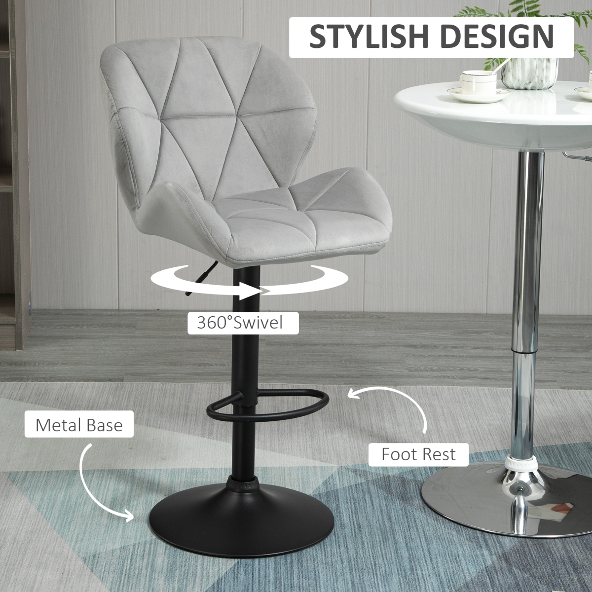 Pair of light grey fabric bar stools with adjustable height and metal bases, featuring modern design and padded seats.