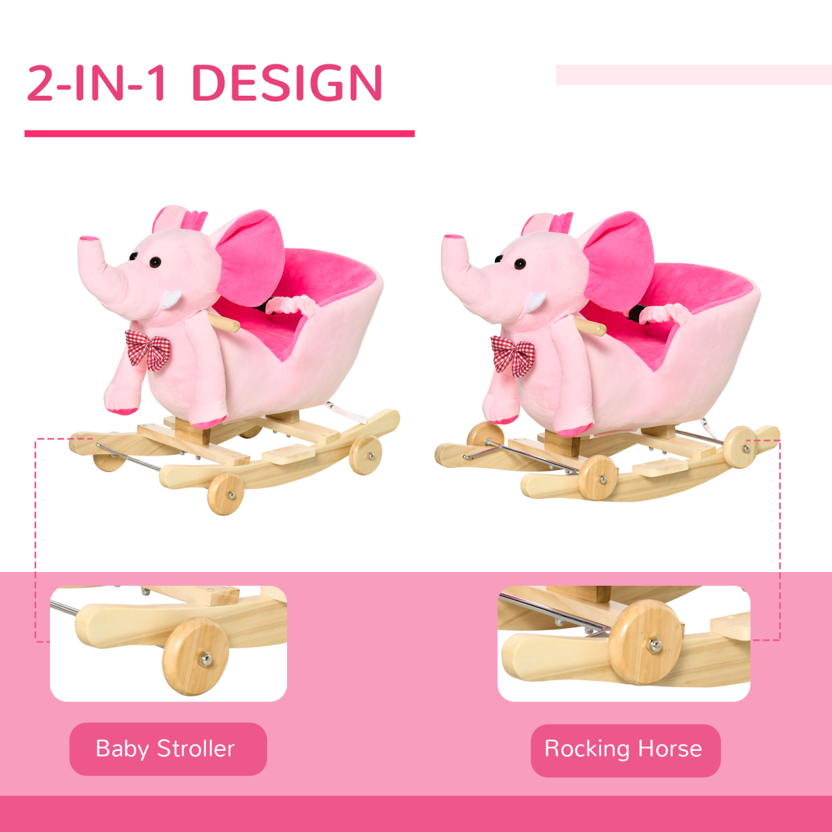 Pink HOMCOM 2-in-1 baby rocking horse and ride-on elephant with wheels, featuring a musical play panel for young children.