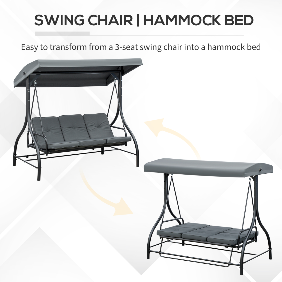 Outsunny 3-seater canopy swing chair with dark grey fabric and wooden frame, featuring a cozy porch hammock bed with rocking bench design.