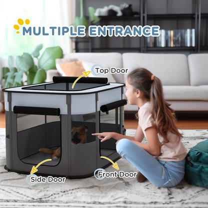Grey portable dog pen by PawHut with mesh panels and metal frame, suitable for puppies, rabbits, kittens, and guinea pigs.