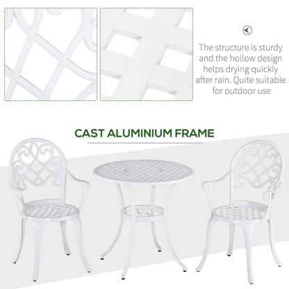 White cast aluminium 3-piece garden bistro set with table and two chairs from Outsunny, ideal for outdoor dining and patio relaxation.