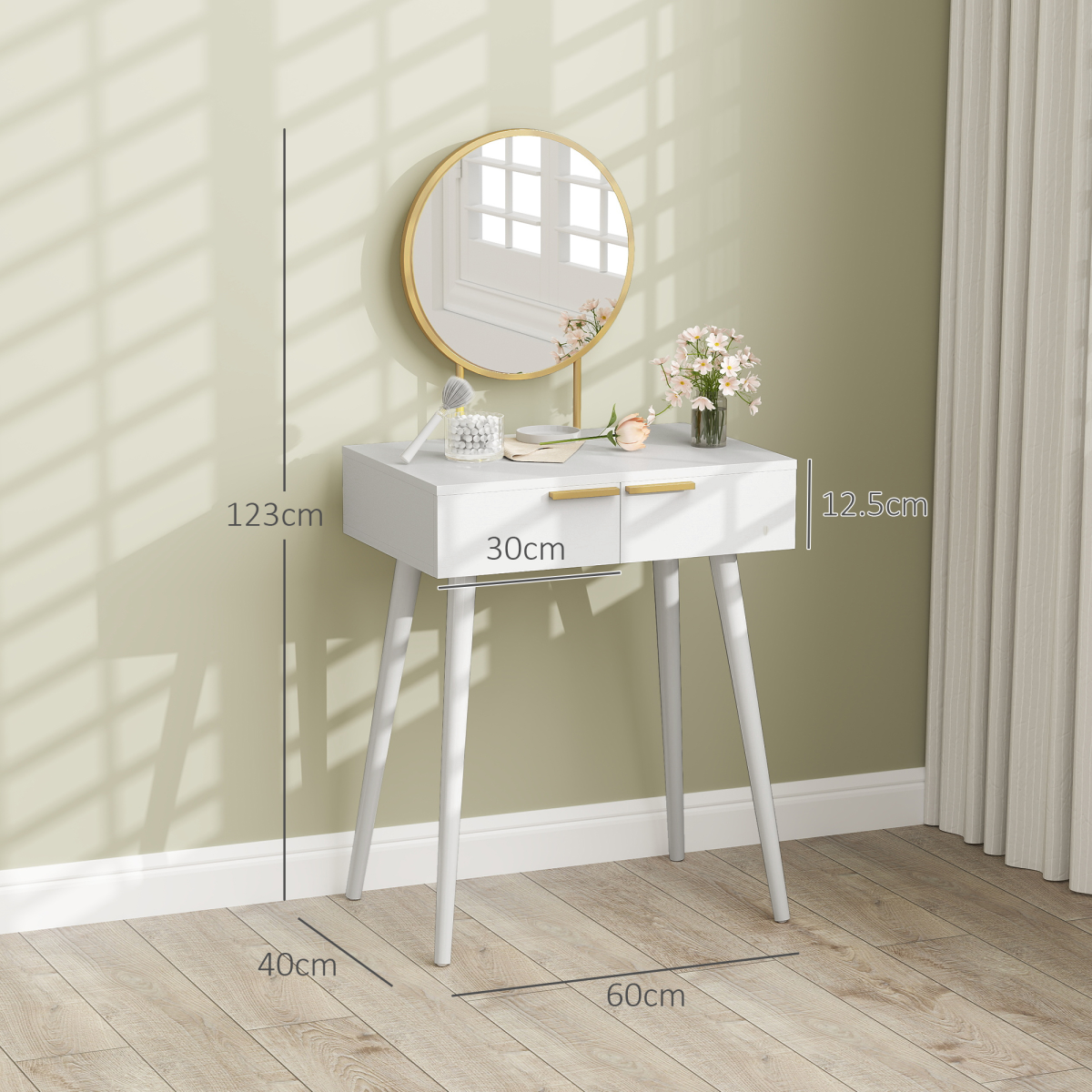 Modern Dressing Table w/ 2 Drawers Round Mirror for Bedroom White