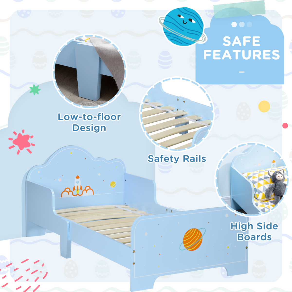 ZoneKiz toddler bed with space-themed patterns, suitable for boys and girls ages 3-6, featuring colorful galaxy and star designs.