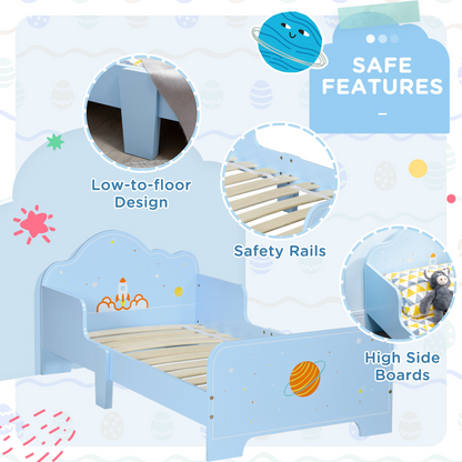 ZoneKiz toddler bed with space-themed patterns, suitable for boys and girls ages 3-6, featuring colorful galaxy and star designs.