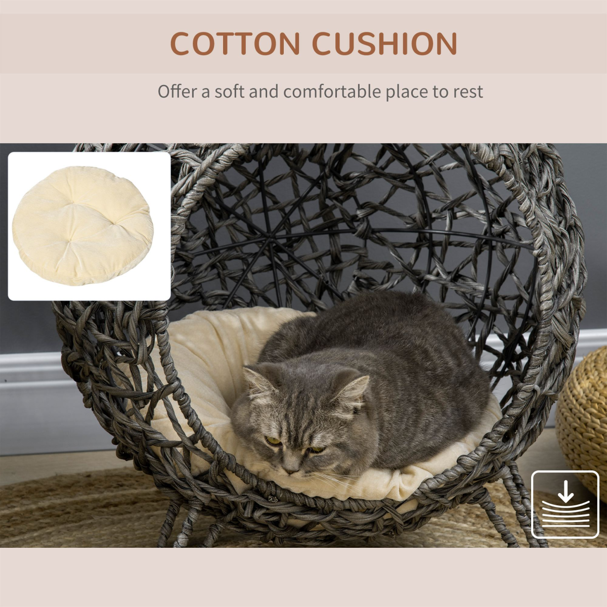 Grey rattan elevated cat house with cushion from PawHut, designed as a stylish kitten pet bed with silver-tone finish.