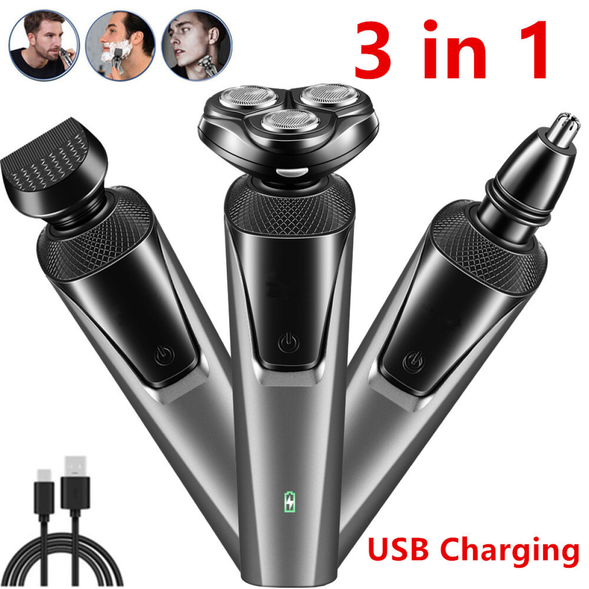 USB rechargeable 3-in-1 men's beard and nose hair trimmer with multiple attachments for grooming and shaving.