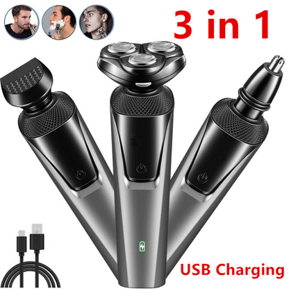 USB rechargeable 3-in-1 men's beard and nose hair trimmer with multiple attachments for grooming and shaving.