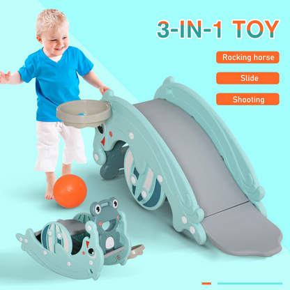 Three-in-one baby rocking horse with slide and basketball hoop, suitable for ages 3-5, in bright colors, for active young children.