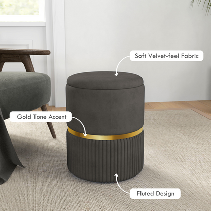 HOMCOM round pouffe with cushioned top and hidden storage space, serving as a stylish footstool or ottoman with soft fabric upholstery.