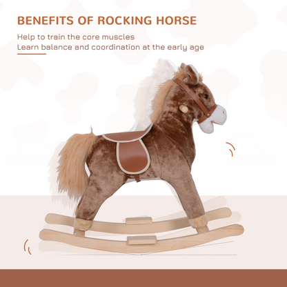 HOMCOM wooden plush kids rocking horse ride-on toy for children aged 3, featuring a colorful and sturdy design.