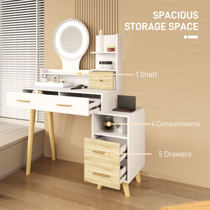 Dressing Table with Mirror, Vanity Table with LED Lights, White