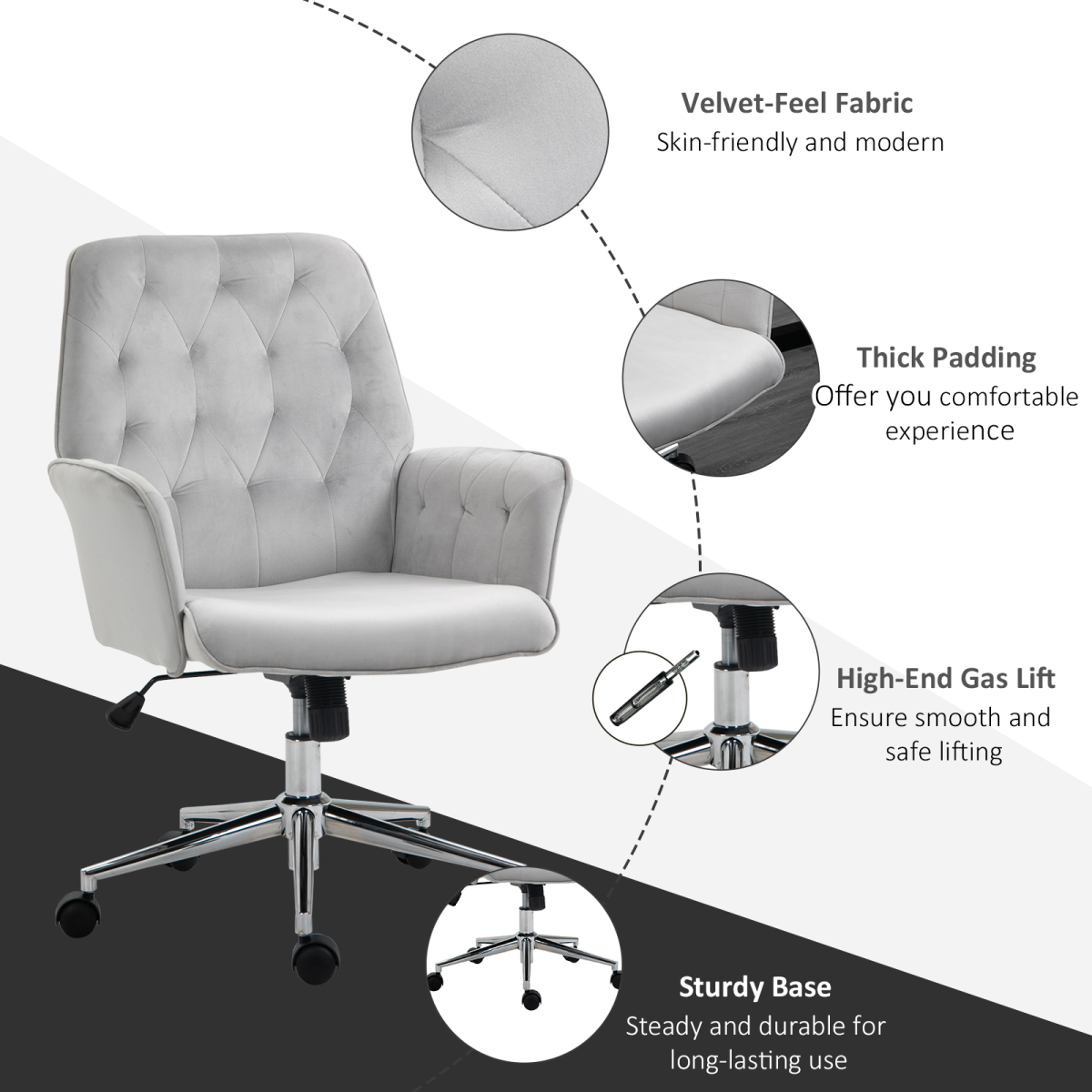 Swivel Computer Chair w/ Arm Modern Style Tufted Home Office Light Grey