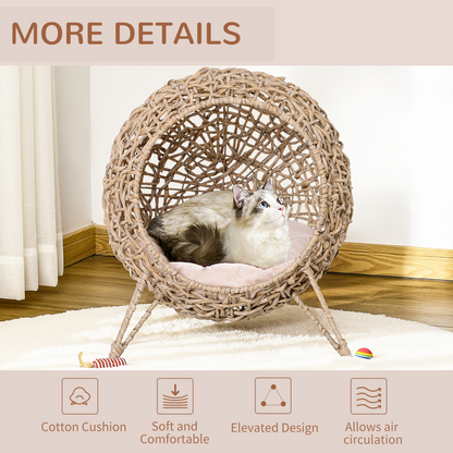 Ball-shaped rattan cat house by PawHut with natural wood finish, raised design, cozy interior for comfortable feline lounging.