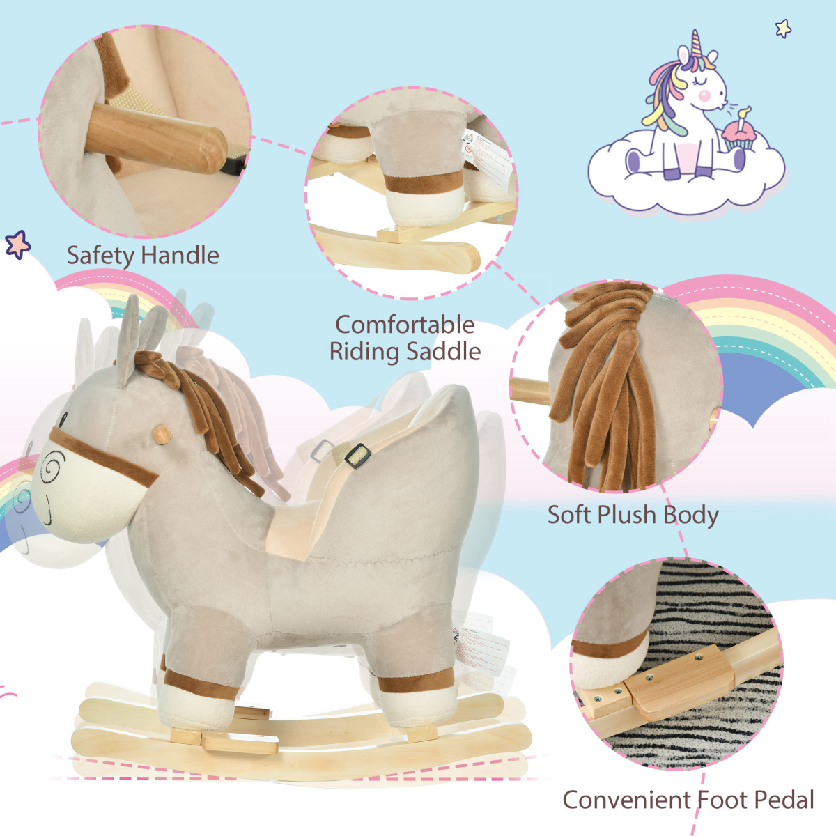 Kids ride-on rocking donkey with plush body, handlebars, seat belt, and sound features for children’s play by HOMCOM.