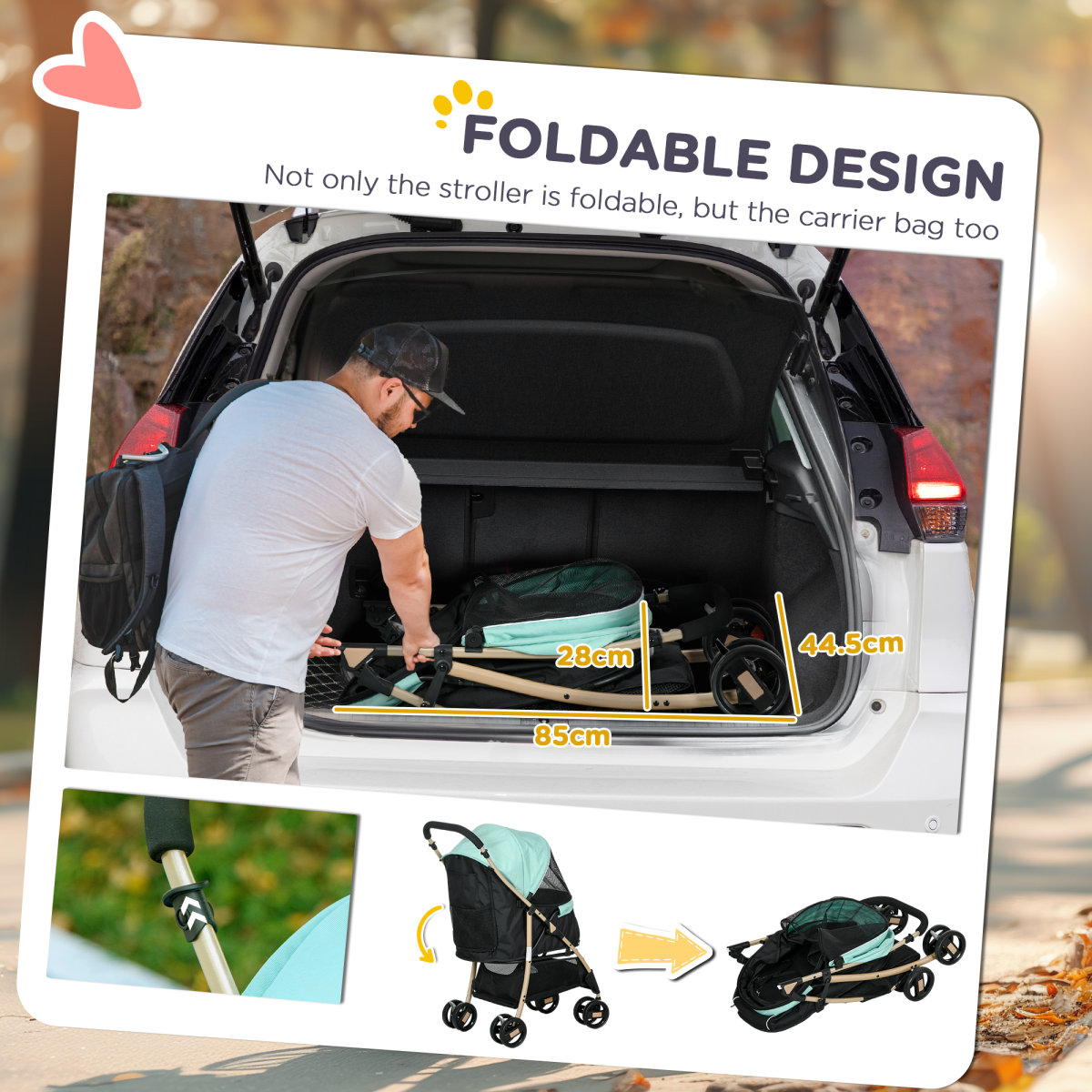Green PawHut pet stroller for small dogs with rain cover, featuring mesh sides and compact design for easy outdoor walks.