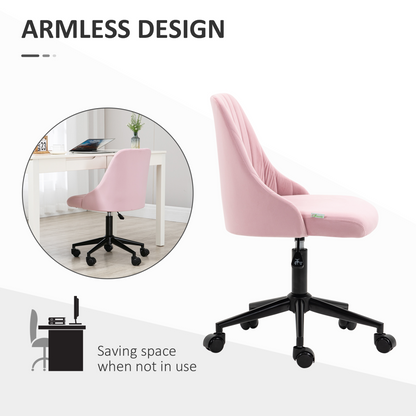 Velvet Office Chair with Adjustable Height and Wheels, Pink