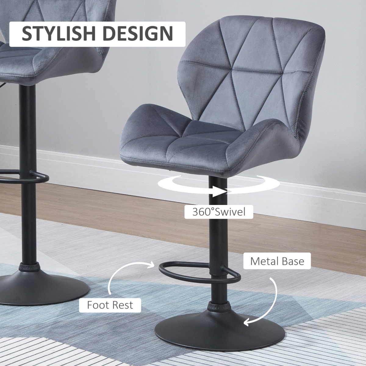 Pair of dark grey HOMCOM fabric bar stools with adjustable height, modern counter chairs for kitchen or bar seating.