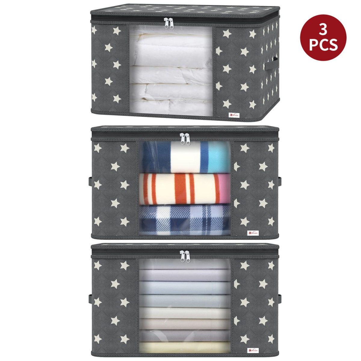 3-Piece Deluxe Storage Bags – Large Grey Star Organisers with Clear Window