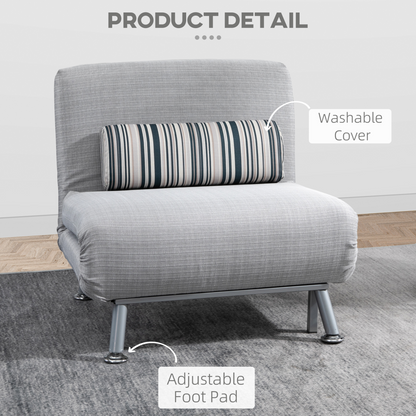 Grey single sofa bed folding chair with steel frame, padded cushion, and pillow for versatile seating and sleeping comfort.