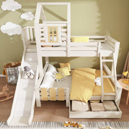 Kids Wooden Cabin Bunk Bed with Ladder & Slide – White Treehouse Design