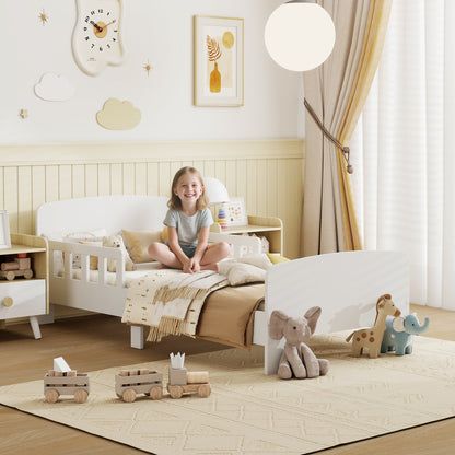 White toddler bed frame with safety side rails for kids aged 3-8, part of HOMCOM kids bedroom furniture collection.