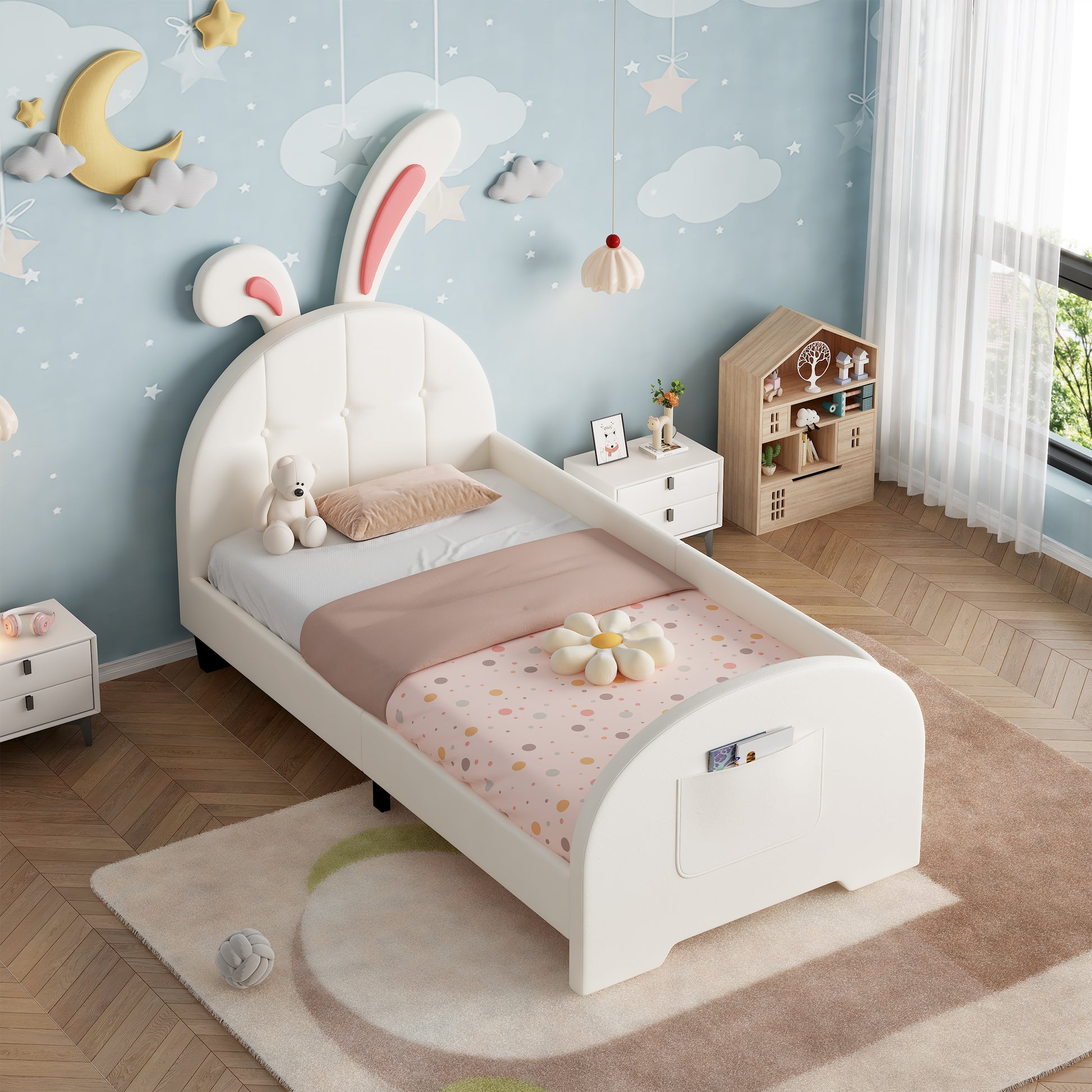 Cream white HOMCOM single rabbit-shaped bed frame with bunny ear headboard, footboard storage pocket, soft PU leather, sturdy metal-wood frame
