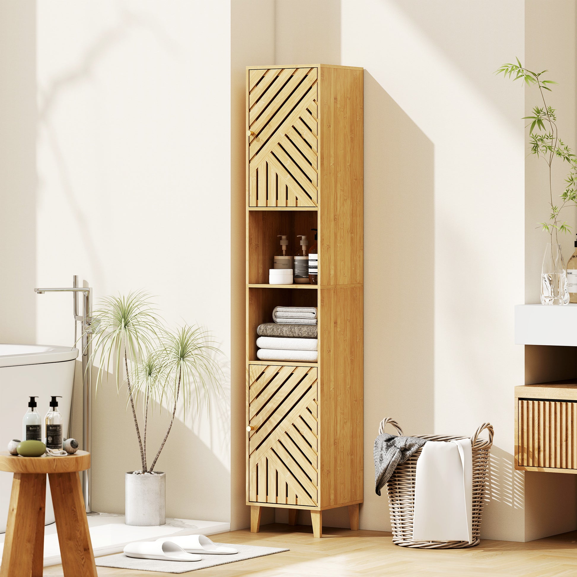 HOMCOM multi-storage bamboo bathroom cabinet with natural finish, featuring multiple compartments and a sleek door design.