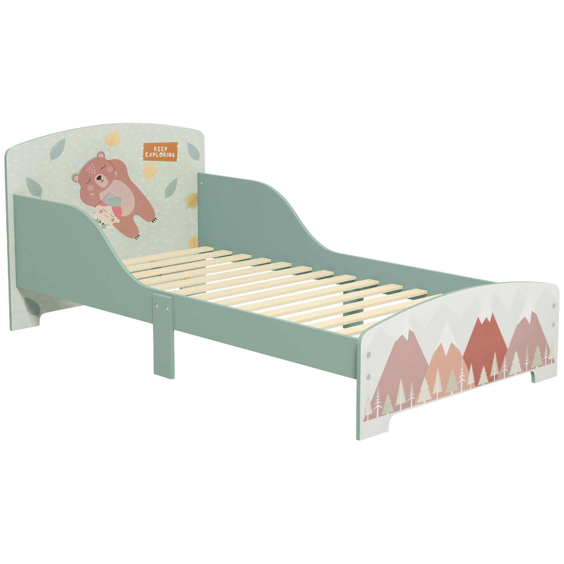 HOMCOM ZONEKIZ toddler bed frame in green with slatted headboard, suitable for kids aged 3-6 years in a children's bedroom setting.