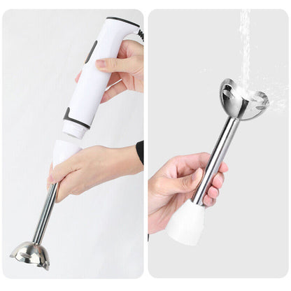 Livoshop 400W hand stick blender with stainless steel blade, UK plug, shown in black with ergonomic handle and blending attachment