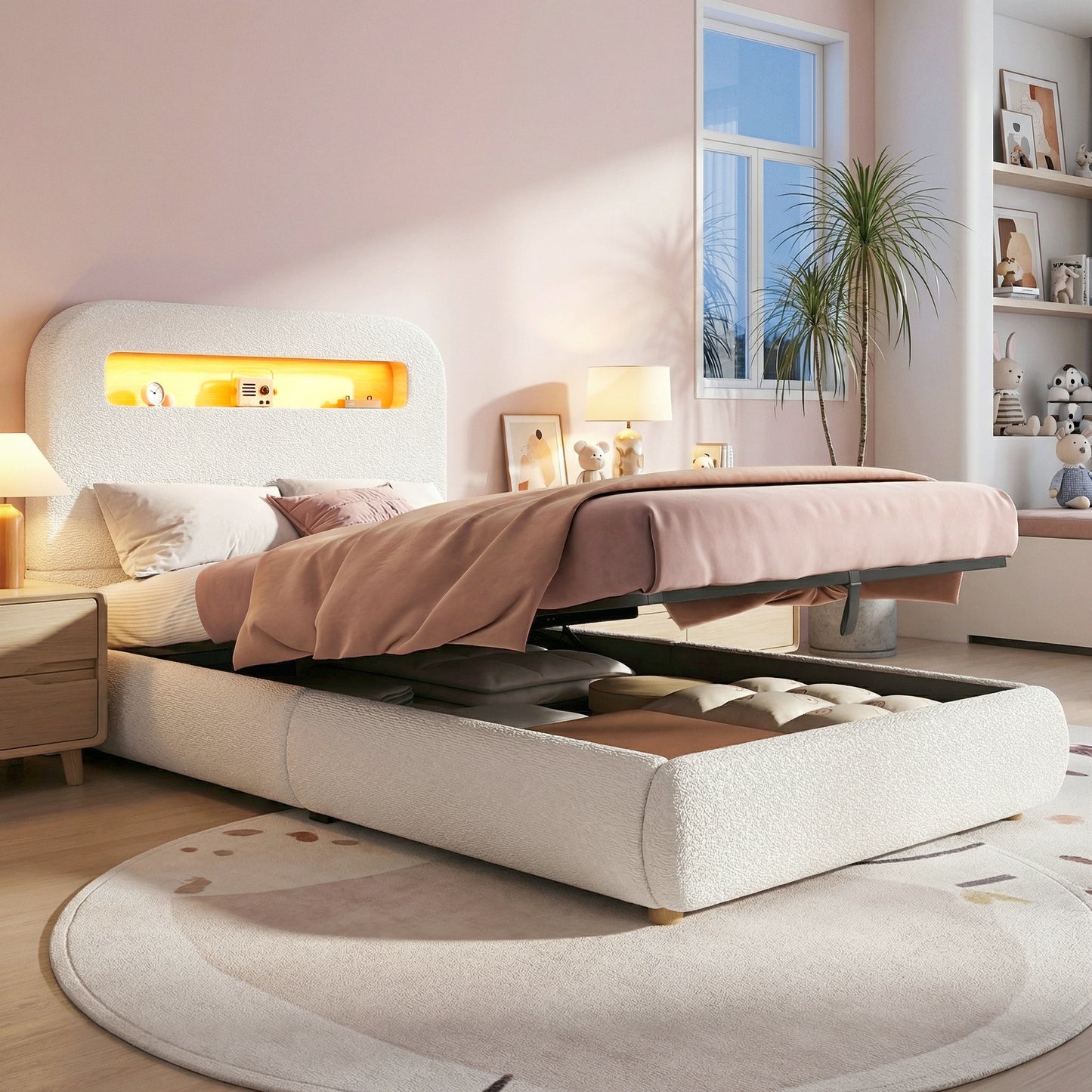 White upholstered children's single bed with headboard, storage drawer, LED lighting, solid wood legs, and boucle fabric by HOMCOM.