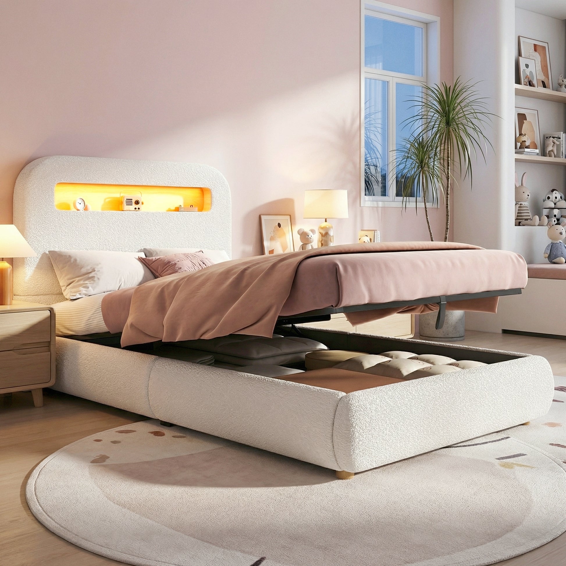 White upholstered children's single bed with headboard, storage drawer, LED lighting, solid wood legs, and boucle fabric by HOMCOM.