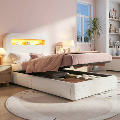 White upholstered children's single bed with headboard, storage drawer, LED lighting, solid wood legs, and boucle fabric by HOMCOM.