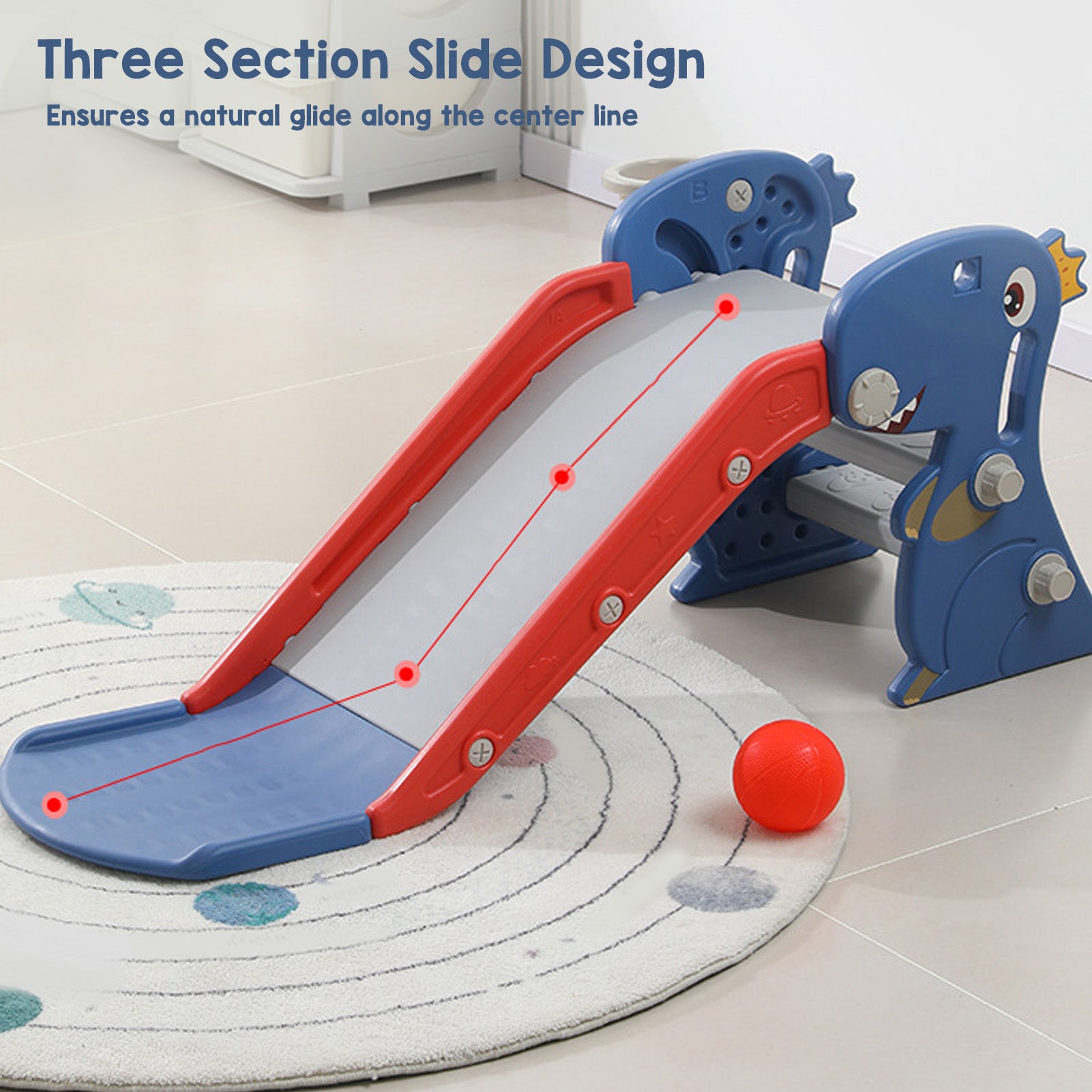 Foldable toddler indoor dinosaur slide with basketball hoop, designed for children aged 0-3, by Livoshop.
