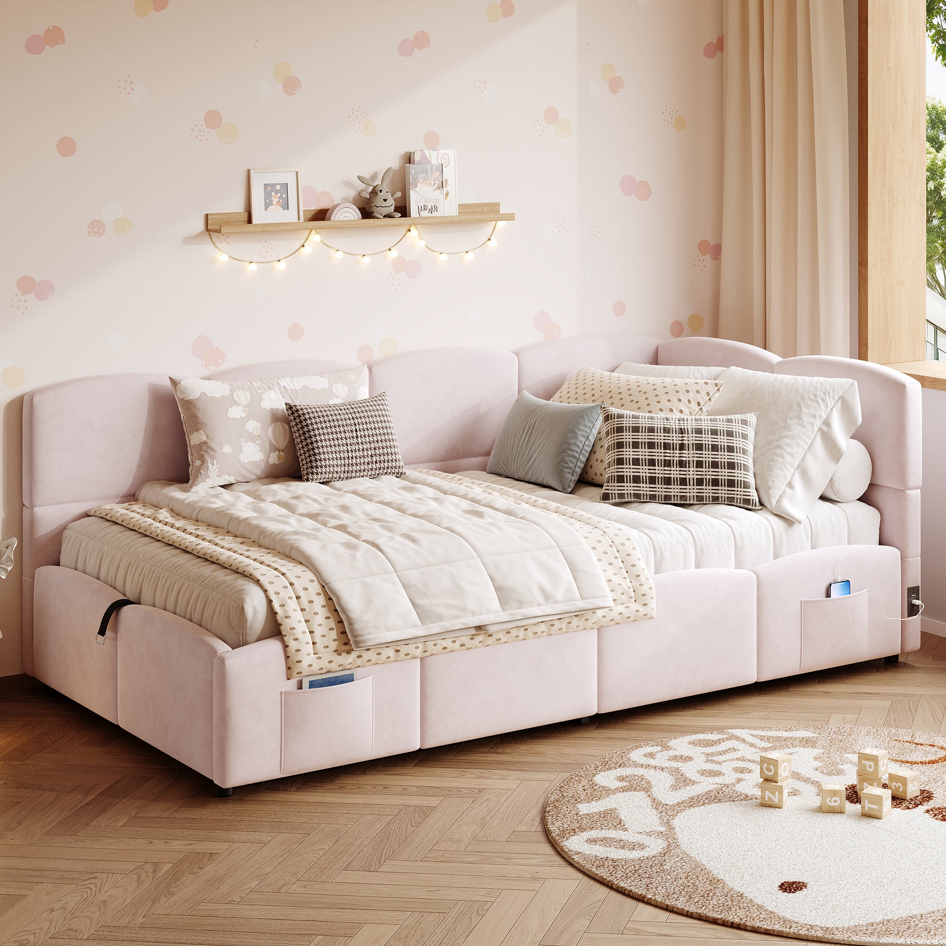 Pink velvet upholstered sofa bed with slatted frame, hydraulic storage, USB port, suitable as children's single daybed, no mattress shown.