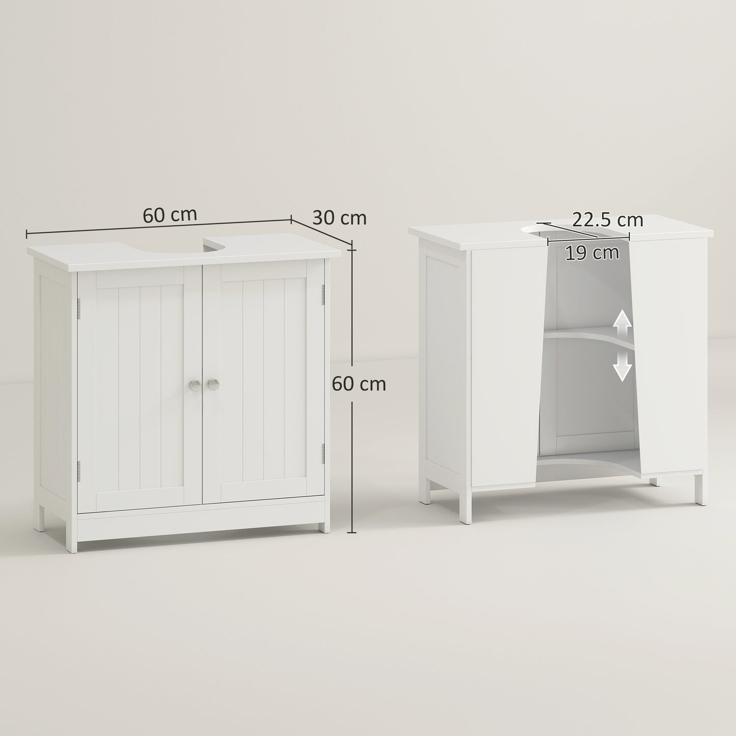 White wooden under sink bathroom storage cabinet with two layers and shelves, ideal for organizing vanity essentials.