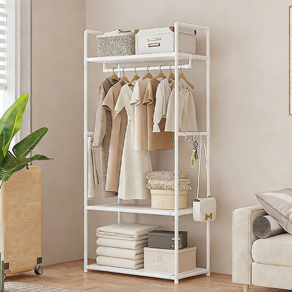 HOMCOM multifunctional clothes rail and shoe rack in white with open shelves and hanging bars, ideal for home storage.