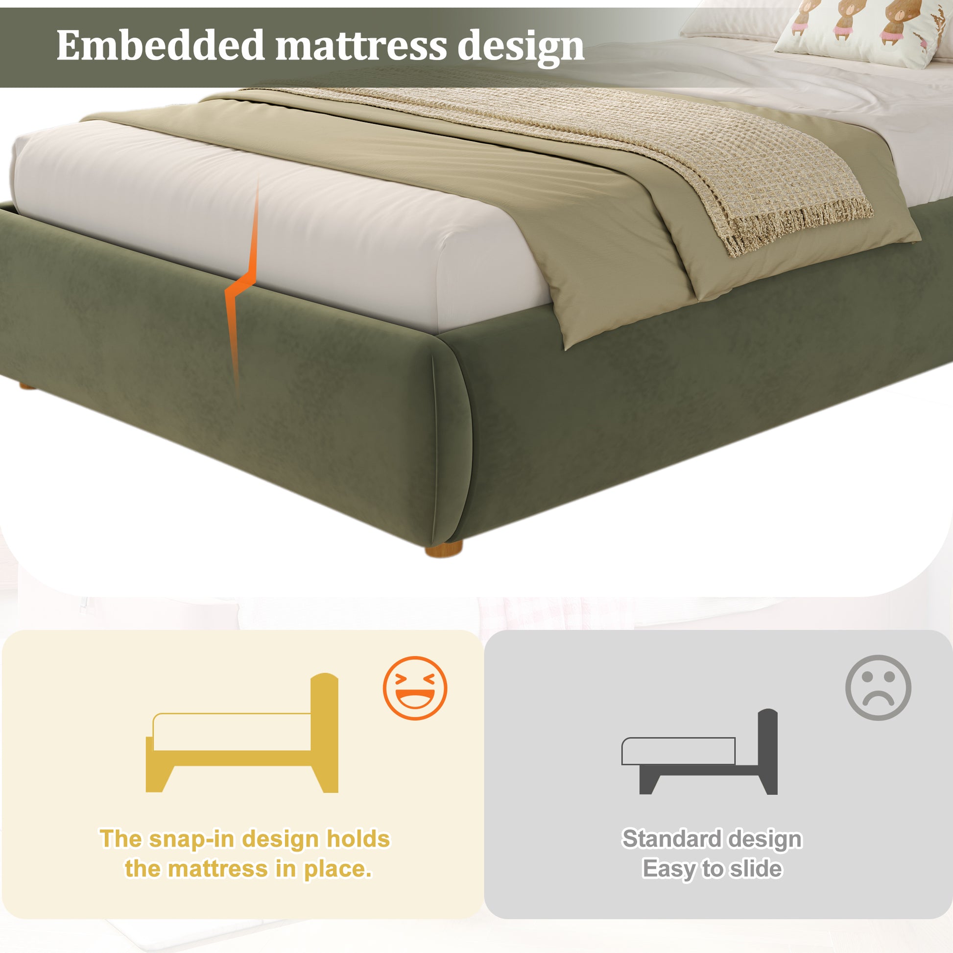 Green upholstered single children's bed with headboard, hydraulic storage, velvet fabric, and a spacious design.