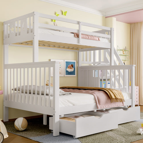 Kids Bunk Bed with Storage Stairs & Guardrail – White High Sleeper Frame
