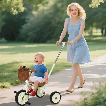 White HOMCOM 2-in-1 toddler trike with three wheels, adjustable parent handle, basket, suitable for boys and girls aged 2-5 years.