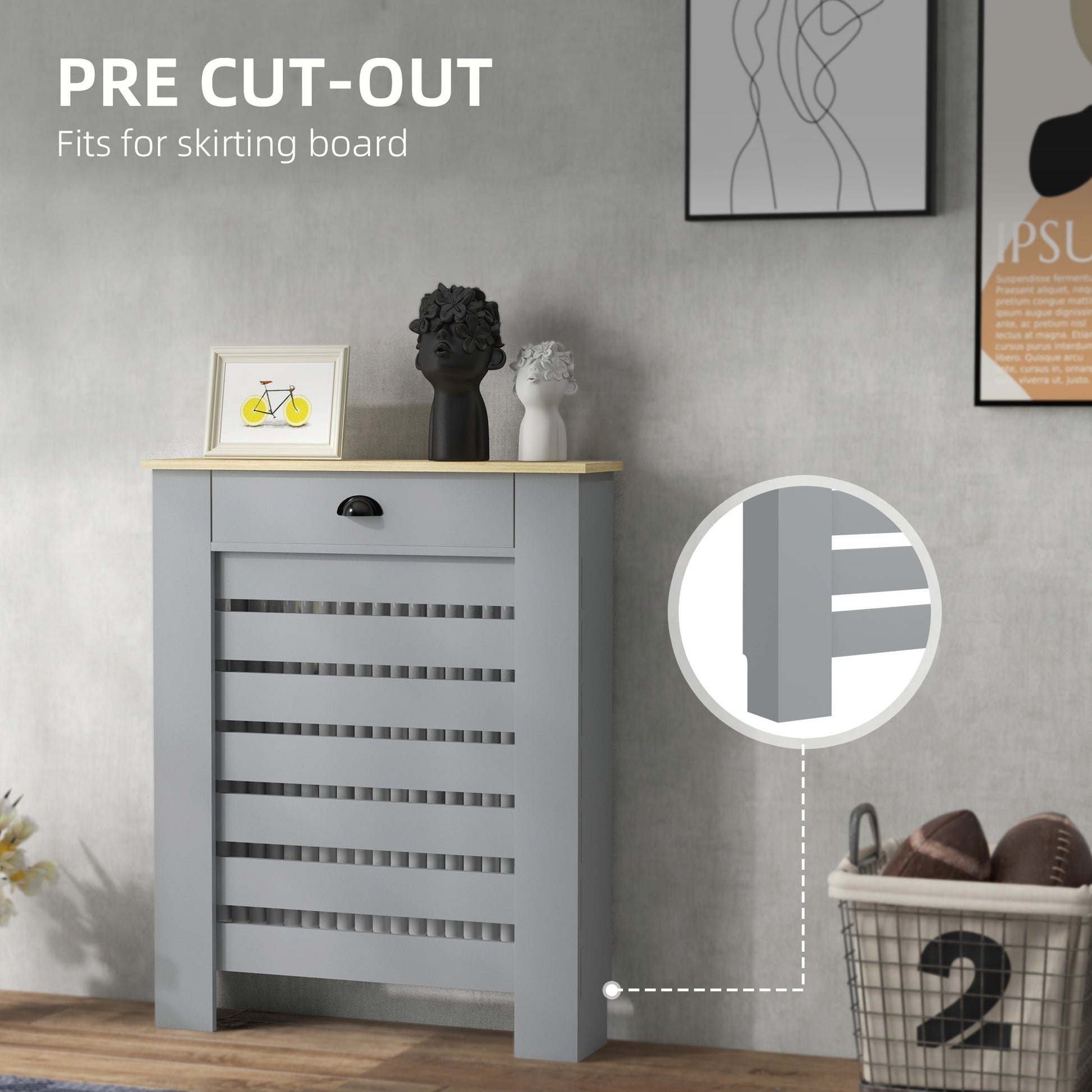 Grey HOMCOM radiator cover with a drawer, measuring 95.5H x 78Wcm, featuring a sleek design and functional storage drawer.