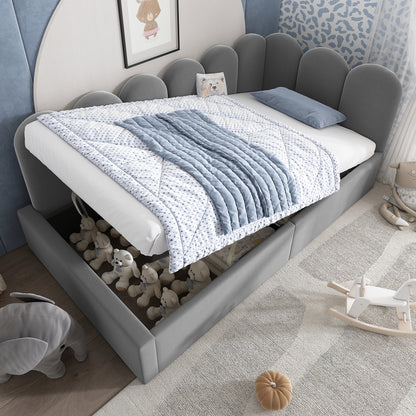 Grey upholstered HOMCOM single bed daybed with hydraulic storage, metal slatted frame, velvet fabric, 90x190 cm, no mattress included.