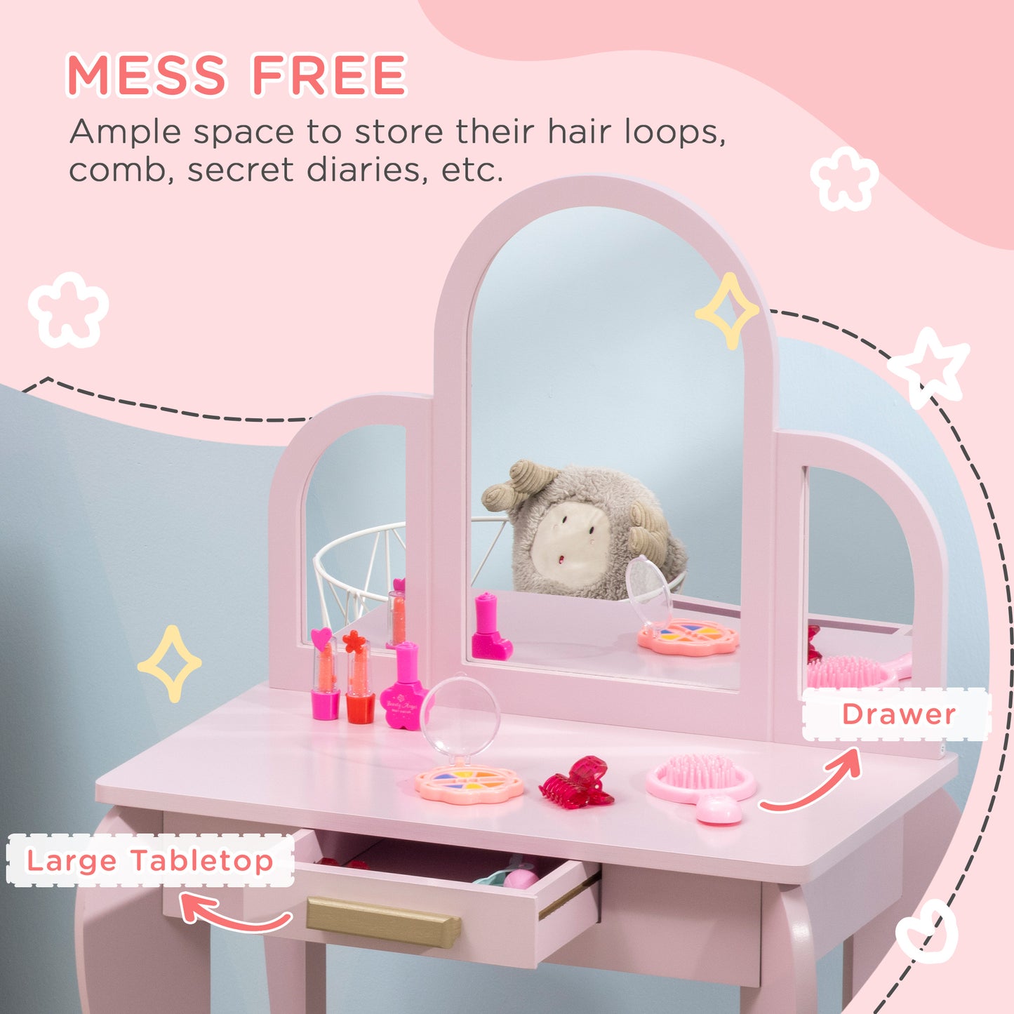 Pink kids dressing table set with mirror and drawer from HOMCOM, featuring a child-friendly design and ample storage space.