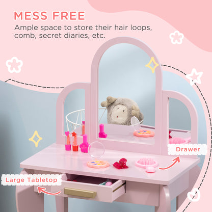 Pink kids dressing table set with mirror and drawer from HOMCOM, featuring a child-friendly design and ample storage space.