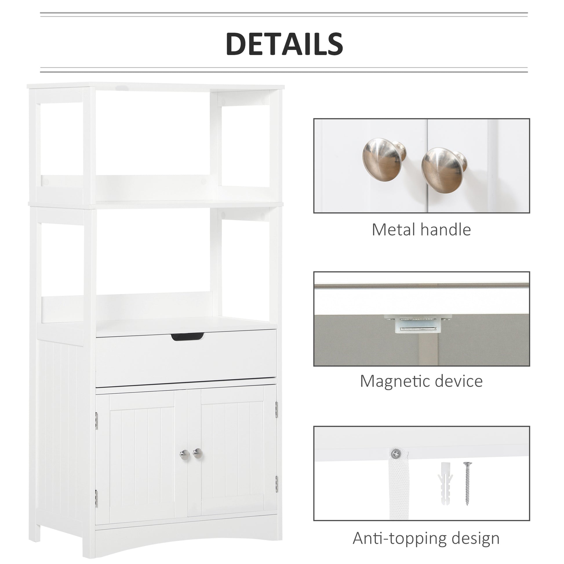 HOMCOM Kleankin white bathroom floor cabinet with shelves, drawer, and doors, ideal for kitchen or living room storage.