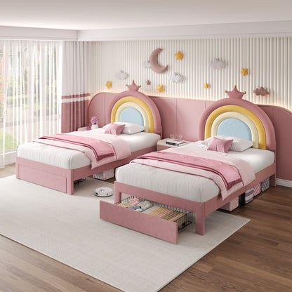 HOMCOM 3ft single velvet bed with adjustable rainbow crown headboard, storage drawer, and easy assembly, no box spring needed.