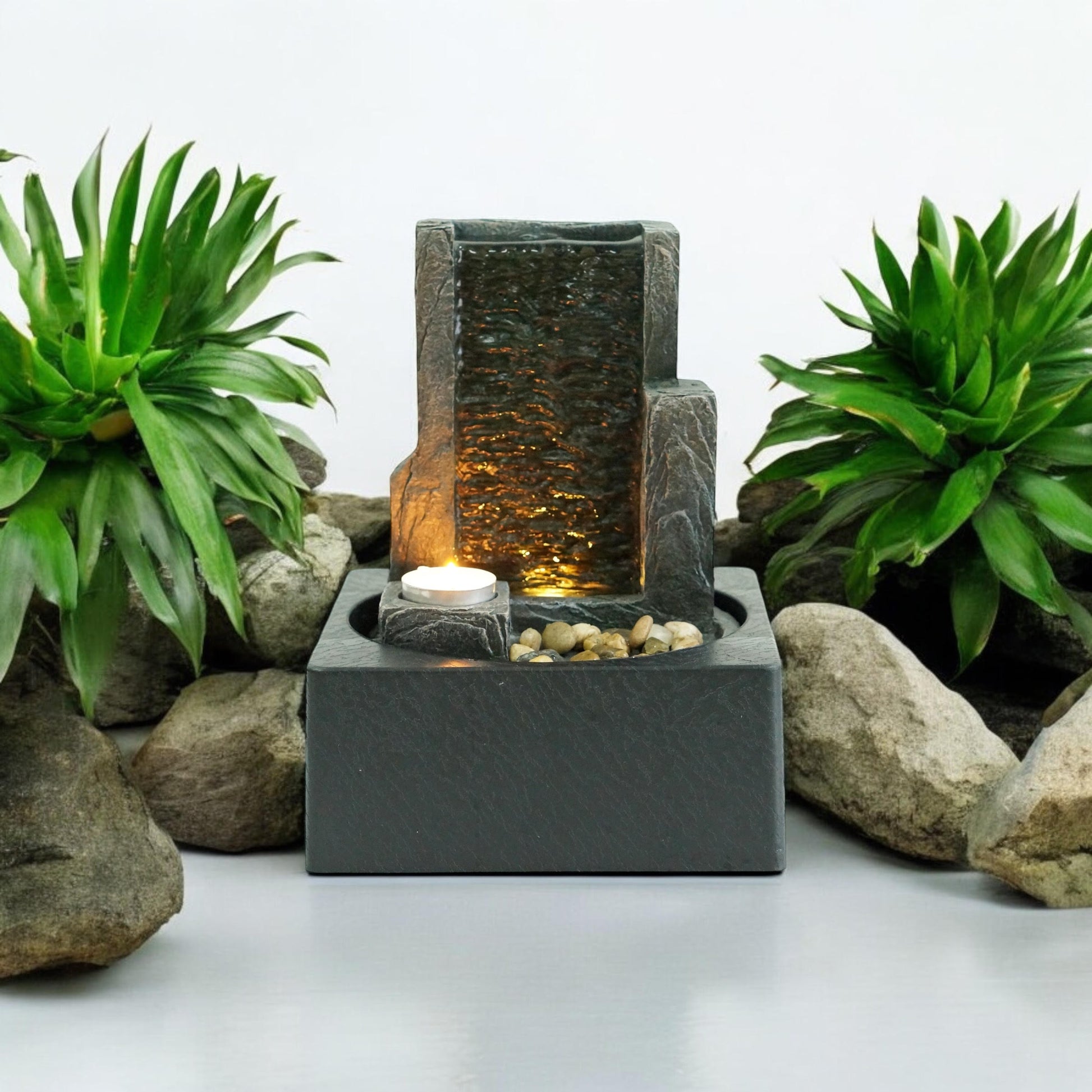 MSL 24cm fountain with flowing water feature, decorative garden or indoor water fountain in a natural stone look.