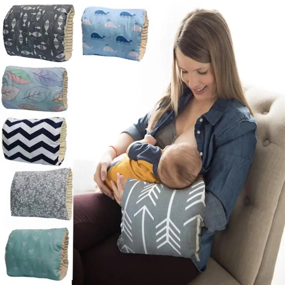 Adjustable cotton nursing arm pillow by eprolo, designed for comfortable breastfeeding with a supportive cushion and ergonomic shape.