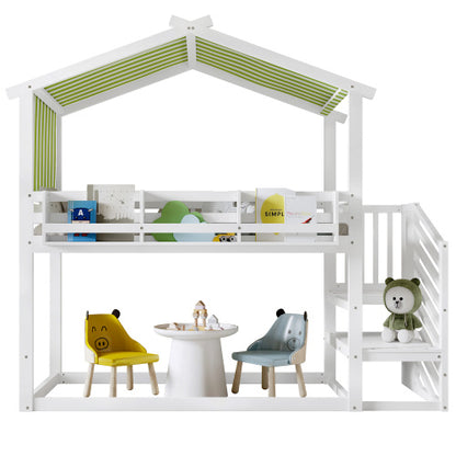 Kids Bunk Bed with Corner Staircase and Canopy – White & Green